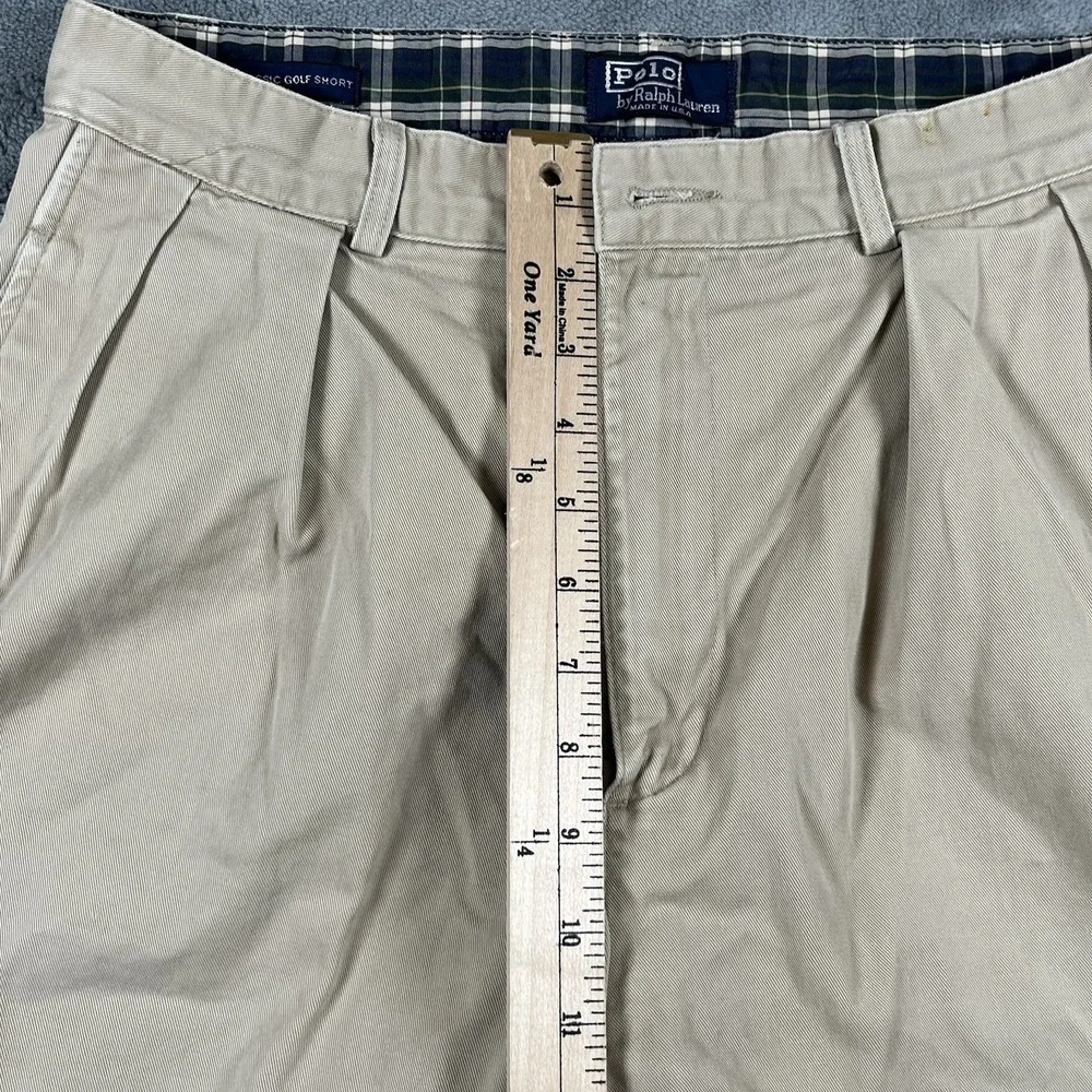 VTG Polo Ralph Lauren Mens 32 Classic Golf Short Beige Pleated Chino Plaid USA